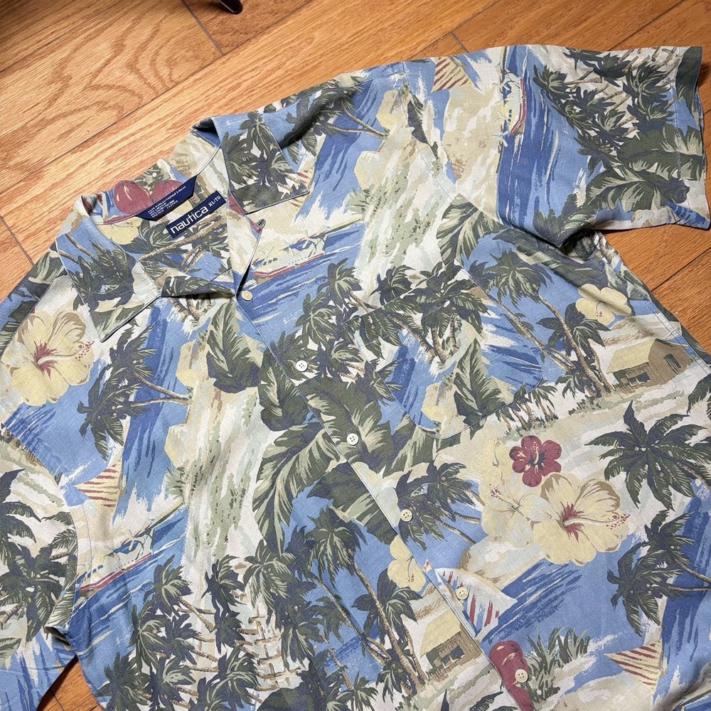 Vintage 90s Nautica Hawaiian Camp Shirt floral island themed Sz XL Linen Blend